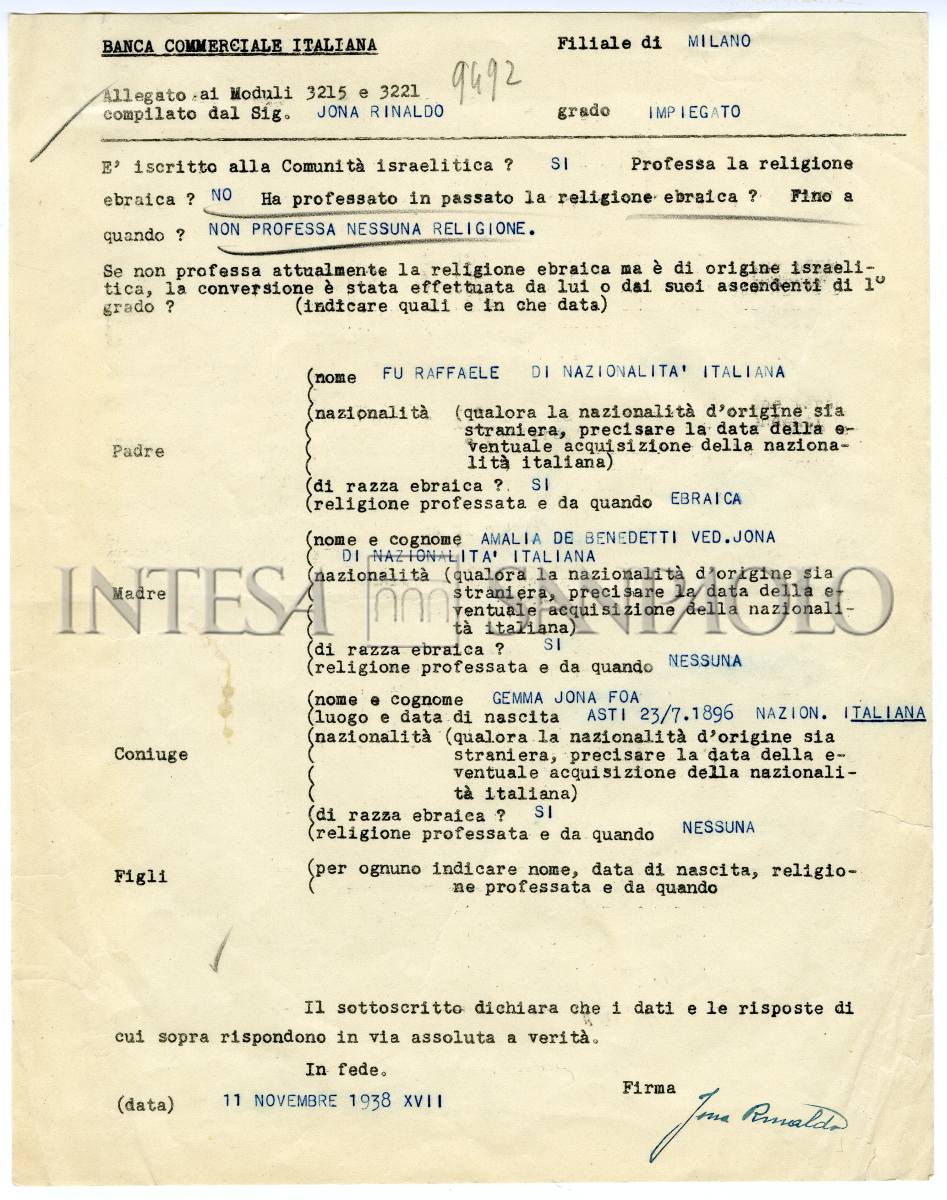 Modulo da compilare per l'accertamento della religione ebraica, 11 novembre 1938